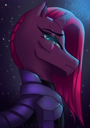 Size: 2896x4096 | Tagged: safe, artist:opal_radiance, imported from derpibooru, tempest shadow, pony, unicorn, my little pony: the movie, alternate hairstyle, armor, broken horn, eye scar, female, fireworks, horn, mare, profile, profile view, scar, solo, storm king armor