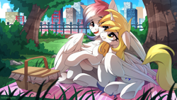 Size: 2500x1406 | Tagged: safe, artist:redchetgreen, imported from derpibooru, oc, oc only, oc:star nai, alicorn, pegasus, pony, alicorn oc, basket, butt, chest fluff, cute, duo, female, fence, horn, ocbetes, park, picnic, picnic basket, picnic blanket, plot, scenery, tree, underhoof, wings