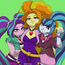 Size: 4096x4096 | Tagged: safe, artist:moshininja13, imported from derpibooru, adagio dazzle, aria blaze, sonata dusk, equestria girls, :3, adorasexy, beautisexy, breasts, busty adagio dazzle, busty aria blaze, busty sonata dusk, cleavage, cute, female, food, gem, green background, open mouth, sexy, signature, simple background, siren gem, snaggletooth, sonatabetes, sonataco, taco, that girl sure loves tacos, that pony sure does love tacos, that siren sure does love tacos, trio, trio female