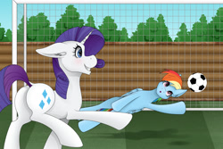 Size: 1200x800 | Tagged: safe, artist:zeronitroman, imported from derpibooru, rainbow dash, rarity, pegasus, pony, unicorn, butt, buttcheeks, duo, female, football, goalie, plot, rearity, remake, sports