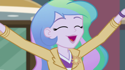 Size: 1280x720 | Tagged: safe, imported from derpibooru, screencap, princess celestia, equestria girls, friendship games, canterlot high, cute, cutelestia, eyes closed, female, open mouth, open smile, principal celestia, smiling, solo