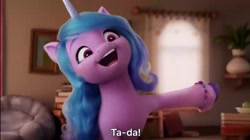 Size: 1276x716 | Tagged: safe, imported from derpibooru, screencap, izzy moonbow, pony, unicorn, spoiler:g5, spoiler:my little pony: a new generation, 3d, beanbag chair, g5, my little pony: a new generation, open mouth, smiling, subtitles, ta-da!