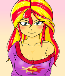 Size: 640x740 | Tagged: safe, artist:batipin, imported from derpibooru, sunset shimmer, equestria girls, blushing, breasts, busty sunset shimmer, cleavage, clothes, female, gradient background, grin, looking at you, multiple variants, off shoulder, pajamas, smiling, smiling at you, solo