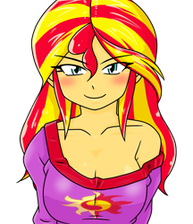 Size: 640x740 | Tagged: safe, alternate version, artist:batipin, imported from derpibooru, sunset shimmer, equestria girls, blushing, breasts, busty sunset shimmer, cleavage, clothes, female, looking at you, multiple variants, off shoulder, pajamas, simple background, smiling, solo, transparent background