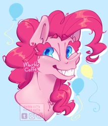 Size: 1014x1184 | Tagged: safe, artist:marblecoffe, imported from derpibooru, pinkie pie, earth pony, pony, big eyebrows, bust, cutie mark background, female, grin, hoers, smiling, solo