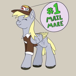 Size: 1000x1000 | Tagged: safe, artist:redquoz, imported from derpibooru, derpy hooves, pegasus, pony, atg 2021, clothes, eyes closed, female, hooves, mailmare, newbie artist training grounds, simple background, smiling, solo, uniform