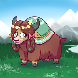 Size: 2048x2048 | Tagged: safe, artist:pfeffaroo, imported from derpibooru, yona, yak, bow, cute, female, floral head wreath, flower, grass, hair bow, high res, monkey swings, mountain, older, older yona, quadrupedal, smiling, solo, yonadorable, zoomorphic