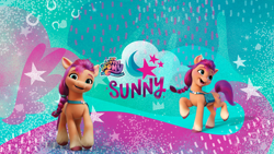 Size: 2048x1152 | Tagged: safe, imported from derpibooru, sunny starscout, earth pony, pony, abstract background, cute, cutie mark, female, g5, mare, my little pony logo, my little pony: a new generation logo, official, pony history, self ponidox, sunnybetes, text, youtube banner