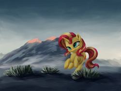 Size: 3000x2250 | Tagged: safe, artist:flusanix, imported from derpibooru, sunset shimmer, pony, unicorn, female, high res, mountain, running, scenery, solo