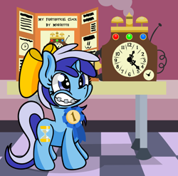 Size: 1920x1900 | Tagged: safe, artist:dinkyuniverse, imported from derpibooru, minuette, pony, unicorn, adorkable, atg 2021, bow, braces, clock, cute, dork, female, filly, filly minuette, g4, grin, hair bow, indoors, invention, minubetes, newbie artist training grounds, science, science fair, smiling, solo, younger