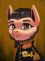 Size: 1500x2021 | Tagged: safe, artist:mrscroup, imported from derpibooru, oc, oc only, oc:king khefer, earth pony, pony, equestria at war mod, bust, clothes, ear fluff, epaulettes, facial hair, medals, military uniform, portrait, solo, uniform