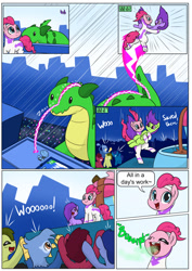 Size: 906x1280 | Tagged: safe, artist:dendollae, imported from derpibooru, fili-second, pinkie pie, dragon, earth pony, griffon, pony, bridal carry, burp, butt, carrying, comic, crowd, eaten alive, implied death, implied digestion, parade balloon, plot, post-vore, power ponies, rescue, vore, wat