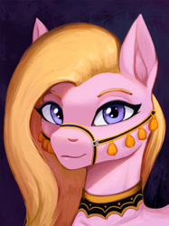 Size: 1500x2003 | Tagged: safe, artist:mrscroup, imported from derpibooru, oc, oc only, earth pony, pony, saddle arabian, equestria at war mod, bridle, bust, collar, ear fluff, female, mare, portrait, saddle arabian outfit, smiling, solo, tack