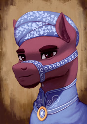 Size: 1500x2131 | Tagged: safe, artist:mrscroup, imported from derpibooru, oc, oc only, saddle arabian, equestria at war mod, bridle, bust, clothes, ear fluff, male, portrait, saddle arabian outfit, solo, tack, turban