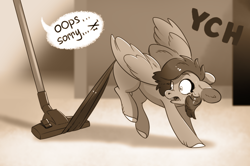 Size: 990x659 | Tagged: safe, artist:28gooddays, imported from derpibooru, pegasus, pony, behaving like a cat, commission, floppy ears, monochrome, solo, vacuum cleaner, ych example, ych sketch, your character here