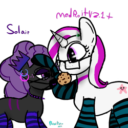 Size: 1000x1000 | Tagged: safe, artist:pawker, imported from derpibooru, oc, oc:med, oc:medroit, oc:solair, earth pony, unicorn, clothes, collar, commission, cookie, crown, cute, earth pony oc, female, food, glasses, horn, jewelry, mare, pat, patting, regalia, socks, swamp cinema, unicorn oc