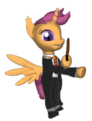 Size: 516x677 | Tagged: safe, imported from derpibooru, scootaloo, changeling, changepony, hybrid, pegasus, 3d, clothes, female, harry potter, harry potter (series), pegaling, race swap, uniform