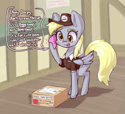 Size: 1481x1344 | Tagged: safe, artist:dsp2003, imported from derpibooru, imported from ponybooru, derpy hooves, pegasus, pony, clothes, female, lego, loss (meme), mailmare, mare, nervous sweat, open mouth, package, pun, speech bubble, this will not end well, wordplay