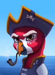 Size: 1500x2053 | Tagged: safe, artist:mrscroup, imported from derpibooru, oc, oc only, oc:henrique lampeão, griffon, equestria at war mod, bags under eyes, bust, clothes, hat, male, pipe, pirate, pirate hat, portrait, smoking, solo