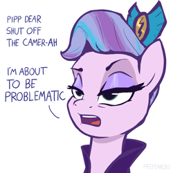 Size: 2048x2048 | Tagged: safe, artist:pfeffaroo, imported from derpibooru, queen haven, pegasus, pony, 30 rock, bust, dialogue, female, g5, high res, implied pipp petals, jane krakowski, mare, portrait, royalty, simple background, solo, voice actor joke, white background, wrong eye color