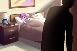 Size: 1941x1300 | Tagged: safe, artist:28gooddays, imported from derpibooru, oc, oc only, human, pony, unicorn, bed, bedroom, cute, morning, morning ponies, sleeping, waving