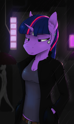 Size: 3000x5000 | Tagged: safe, artist:apuljack, imported from derpibooru, twilight sparkle, alicorn, anthro, breasts, cleavage, cyberpunk, ear fluff, hand in pocket, hands in pockets, rain, solo