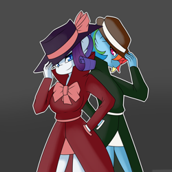 Size: 4000x4000 | Tagged: safe, artist:caoscore, imported from derpibooru, rainbow dash, rarity, anthro, clothes, coat, detective rarity, female, hat, hat tip, lesbian, raridash, shipping, skirt