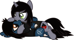 Size: 2324x1266 | Tagged: safe, artist:lightningbolt, derpibooru exclusive, imported from derpibooru, earth pony, pony, undead, unicorn, zombie, zombie pony, .svg available, bloodshot eyes, bone, bring me the horizon, clothes, disguise, disguised siren, fangs, gay, happy, horn, hug, jewelry, kellin quinn, lidded eyes, lip piercing, long sleeves, lying down, male, necklace, oliver sykes, on back, piercing, ponified, scar, shipping, shirt, show accurate, simple background, sleeping with sirens, slit eyes, slit pupils, smiling, stallion, stallion on stallion, stitches, svg, t-shirt, tattoo, torn ear, transparent background, vector