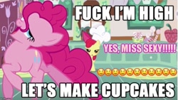 Size: 889x500 | Tagged: safe, edit, edited edit, edited screencap, imported from derpibooru, screencap, apple bloom, pinkie pie, pony, call of the cutie, season 1, chef's hat, cupcake song, duo, female, filly, fuck i'm high, hat, imgflip, kitchen, mare, meme, meme template, vulgar