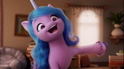 Size: 1284x720 | Tagged: safe, imported from derpibooru, screencap, izzy moonbow, pony, unicorn, 3d, book, g5, house, my little pony: a new generation, open mouth, potted plant, ta-da!, volumetric mouth