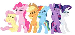 Size: 1280x605 | Tagged: safe, artist:lsalusky, imported from derpibooru, applejack, fluttershy, pinkie pie, rainbow dash, rarity, twilight sparkle, alicorn, earth pony, pegasus, pony, unicorn, applejack's hat, beat boxing, beatboxing, bipedal, cowboy hat, cutie mark, eyes closed, feathered wings, female, females only, folded wings, front view, group, hair, hat, hooves, horn, mane six, mare, raised hoof, raised leg, simple background, sitting, standing, tail, three quarter view, transparent background, twilight sparkle (alicorn), wings