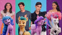 Size: 1280x718 | Tagged: safe, imported from derpibooru, hitch trailblazer, izzy moonbow, pipp petals, zipp storm, earth pony, human, pegasus, unicorn, spoiler:g5, female, g5, irl, irl human, james marsden, kimiko glenn, liza koshy, male, mare, my little pony: a new generation, photo, sofia carson, stallion, voice actor