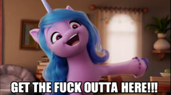 Size: 1284x720 | Tagged: safe, edit, edited screencap, imported from derpibooru, screencap, izzy moonbow, unicorn, spoiler:my little pony: a new generation, 3d, book, g5, house, meme, my little pony: a new generation, open mouth, potted plant, volumetric mouth, vulgar
