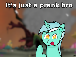 Size: 2000x1500 | Tagged: safe, artist:limitmj, edit, edited screencap, imported from derpibooru, screencap, lyra heartstrings, pony, unicorn, twilight's kingdom, destruction, female, golden oaks library, it's just a prank bro, l.u.l.s., meme, prank, ruins, solo