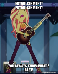 Size: 527x668 | Tagged: safe, edit, edited screencap, imported from derpibooru, screencap, sunset shimmer, equestria girls, equestria girls series, let it rain, spoiler:eqg series (season 2), caption, cropped, family guy, guitar, image macro, makeameme.org, musical instrument, solo, text