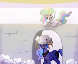 Size: 1280x1067 | Tagged: safe, artist:kirbyliscious, imported from derpibooru, princess celestia, princess luna, alicorn, pony, sheep, atg 2021, female, glowing, glowing horn, horn, newbie artist training grounds, prank, royal sisters, siblings, sisters