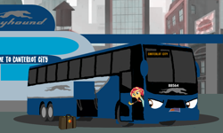 Size: 1199x720 | Tagged: safe, artist:electrahybrida, derpibooru exclusive, imported from derpibooru, sunset shimmer, oc, oc:greyson the greyhound bus, equestria girls, animate object, briefcase, bus, bus station, canterlot city, greyhound, luggage, running