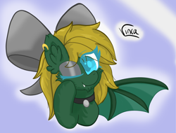 Size: 3950x3005 | Tagged: safe, artist:vinca, imported from derpibooru, oc, oc only, oc:midnight lightning, bat pony, pony, bat pony oc, bat wings, bow, choker, commission, cute, eyeshadow, female, hair bow, high res, makeup, mare, ocbetes, one eye closed, solo, wings, wink, ych result, your character here