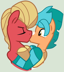 Size: 575x646 | Tagged: safe, artist:box-of-ideas, artist:jadeharmony, artist:jadethepegasus, imported from derpibooru, hitch trailblazer, sprout cloverleaf, earth pony, pony, base used, clothes, eyes closed, french kiss, g5, gay, gray background, hitchsprout, hug, kissing, male, markings, shipping, simple background, socks, sprout (g5), stallion, striped socks
