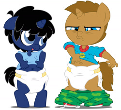 Size: 1600x1455 | Tagged: safe, artist:evilfrenzy, imported from derpibooru, oc, oc:frenzy, oc:ned, anthro, unguligrade anthro, unicorn, age regression, belly button, chuckie finster, clothes, diaper, frown, open mouth, pouting, pouty lips, rugrats, sad, shirt, shirt lift, shoes, shorts, shorts pulled down, sneakers, tommy pickles