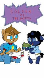 Size: 600x1067 | Tagged: safe, imported from derpibooru, oc, oc:frenzy, oc:golden crest, oc:ned, anthro, unguligrade anthro, unicorn, age regression, angry, bottomless, clothes, cup, diaper, gritted teeth, implied pooping, offering, open mouth, partial nudity, potty training, rugrats, shoes, sippy cup, sitting, title card, training potty