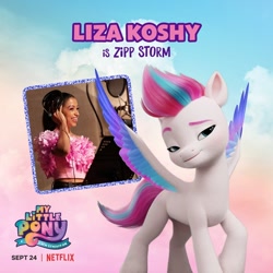 Size: 1080x1080 | Tagged: safe, imported from derpibooru, zipp storm, human, pegasus, pony, spoiler:my little pony: a new generation, female, g5, irl, irl human, liza koshy, mare, my little pony: a new generation, my little pony: a new generation logo, netflix logo, official, photo, text, voice actor