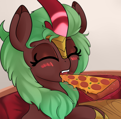 Size: 2044x2013 | Tagged: safe, artist:illusion, imported from derpibooru, cinder glow, summer flare, kirin, blushing, cute, cute little fangs, eating, eyes closed, fangs, food, high res, levitation, magic, meat, open mouth, pepperoni, pepperoni pizza, pizza, telekinesis