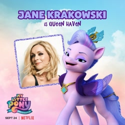 Size: 1080x1080 | Tagged: safe, imported from derpibooru, queen haven, human, pegasus, pony, spoiler:my little pony: a new generation, crown, feather, female, g5, irl, irl human, jane krakowski, jewelry, mare, my little pony: a new generation, my little pony: a new generation logo, netflix logo, official, photo, regalia, smiling, solo, text, voice actor