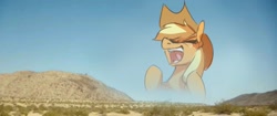 Size: 2560x1071 | Tagged: safe, artist:anticular, imported from derpibooru, applejack, earth pony, pony, aaaaaaahhhhh, applejack's hat, big enough, cowboy hat, desert, dessert, eyes closed, female, hat, jimmy barnes, kirin j callinan, mare, meme, open mouth, photo, solo