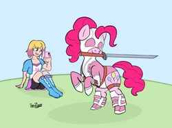 Size: 4098x3072 | Tagged: safe, artist:datzigga, imported from derpibooru, pinkie pie, earth pony, human, pony, boots, cellphone, clothes, clothes swap, crossover, dress, equestria girls outfit, gwen stacy, gwenpool, jacket, marvel, mouth hold, phone, rubber boots, shorts, sword, weapon