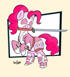 Size: 2595x2846 | Tagged: safe, artist:datzigga, imported from derpibooru, pinkie pie, earth pony, pony, clothes, cosplay, costume, gwenpool, high res, mouth hold, sword, weapon