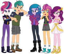 Size: 1024x861 | Tagged: safe, artist:emeraldblast63, imported from derpibooru, hitch trailblazer, izzy moonbow, pipp petals, sunny starscout, zipp storm, equestria girls, bomber jacket, boots, clothes, converse, dress, equestria girls-ified, floral head wreath, flower, g5, g5 to equestria girls, hairpin, high heels, hilarious in hindsight, jacket, jeans, mane five (g5), my little pony: a new generation, open-toed shoes, pants, pigtails, sandals, shirt, shoes, shorts, simple background, sneakers, socks, t-shirt, toes, transparent background