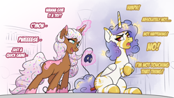 Size: 3840x2160 | Tagged: safe, artist:cocaine, imported from derpibooru, oc, oc only, oc:donut daydream, oc:princess coke, alicorn, pony, unicorn, zebra, zebra alicorn, annoyed, commission, controller, dialogue, gaming, high res, horn, magic, magic aura, open mouth, unicorn oc, zebra oc