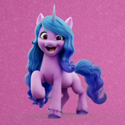 Size: 815x814 | Tagged: source needed, safe, imported from derpibooru, screencap, izzy moonbow, pony, unicorn, spoiler:my little pony: a new generation, 3d, cropped, cute, female, g5, izzybetes, looking at you, mare, my little pony: a new generation, open mouth, raised hoof, smiling, solo